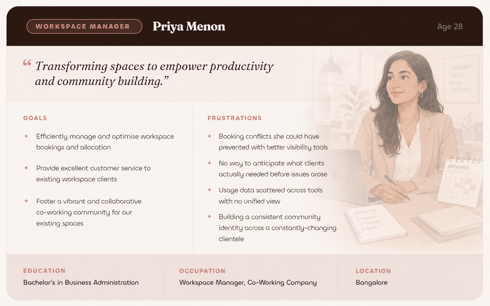 Priya Menon — Workspace Manager, Age 28